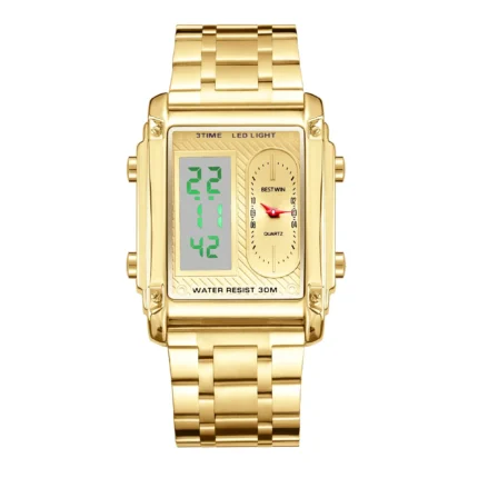 Rectangle Dual Display Multi-Function Men Steel Band Watch Dual Movement Waterproof Quartz Wristwatch