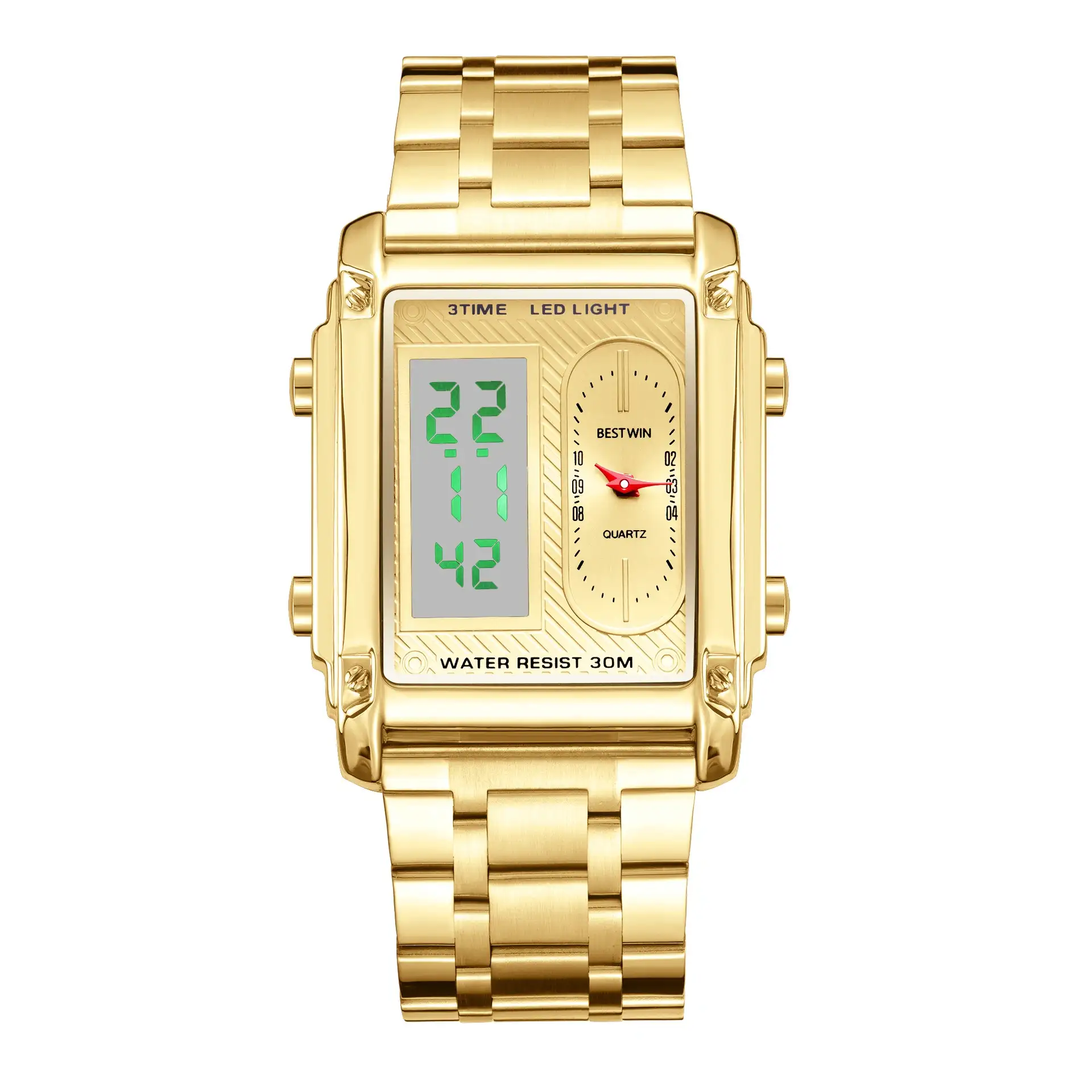 2026.06.22_15.18.50 Rectangle Dual Display Multi-Function Men Steel Band Watch Dual Movement Waterproof Quartz Wristwatch - Image 1
