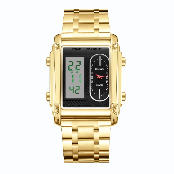 Rectangle Dual Display Multi-Function Men Steel Band Watch Dual Movement Waterproof Quartz Wristwatch - Image 7