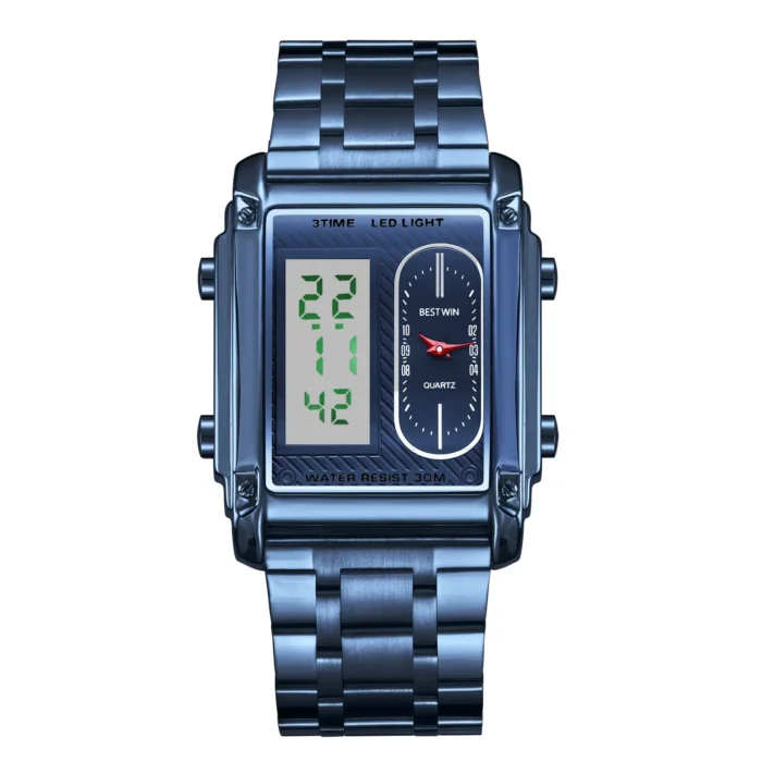 Rectangle Dual Display Multi-Function Men Steel Band Watch Dual Movement Waterproof Quartz Wristwatch - Image 15