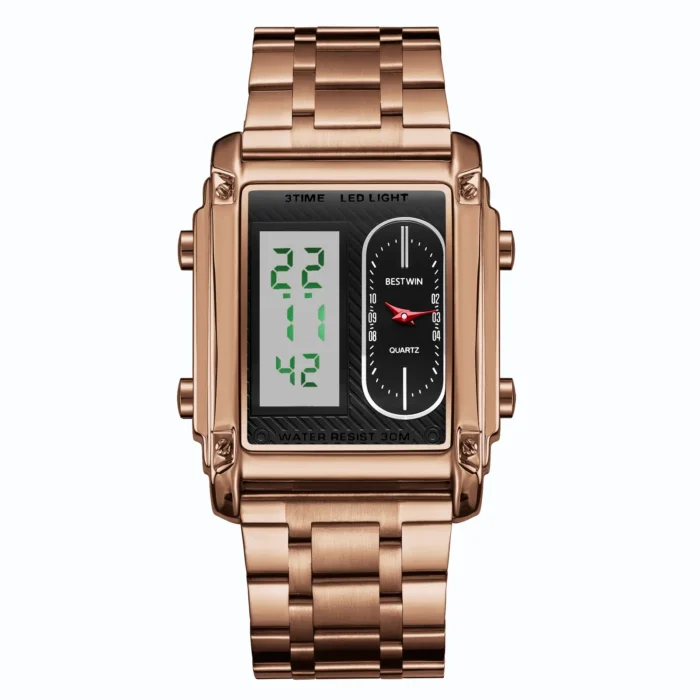 Rectangle Dual Display Multi-Function Men Steel Band Watch Dual Movement Waterproof Quartz Wristwatch - Image 17