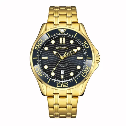 Diving Style Wave Dial Date Men Steel Band Watch Sports Waterproof Quartz Wristwatch