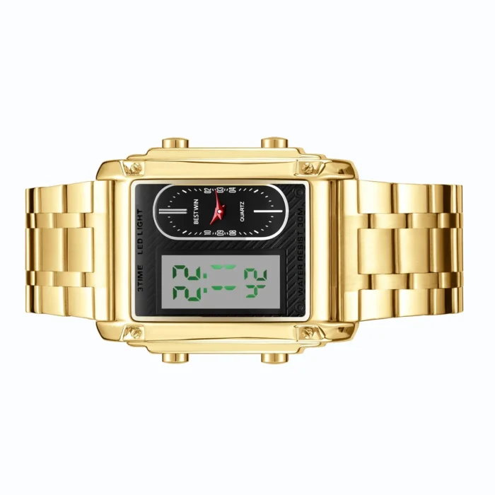 Rectangle Dual Display Multi-Function Men Steel Band Watch Dual Movement Waterproof Quartz Wristwatch - Image 8