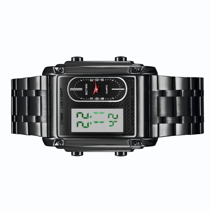 Rectangle Dual Display Multi-Function Men Steel Band Watch Dual Movement Waterproof Quartz Wristwatch - Image 10