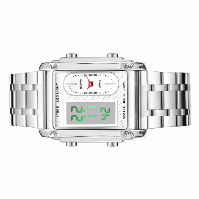 Rectangle Dual Display Multi-Function Men Steel Band Watch Dual Movement Waterproof Quartz Wristwatch - Image 12