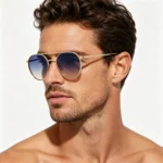 Minimalist Thin Metal Double Bridge Octagon Gradient Brown Pilot Sunglasses - Image 2