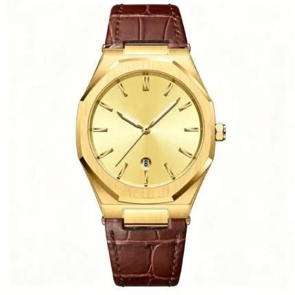 Octagon Leather Strap Date Men Quartz Watch Minimal Business Waterproof Wristwatch