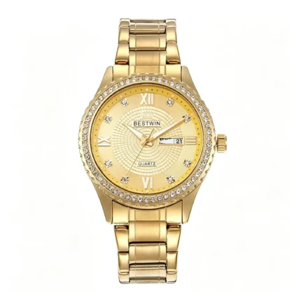 Round Diamond Bezel Dual Calendar Men Steel Band Watch Luxury Business Waterproof Quartz Wristwatch