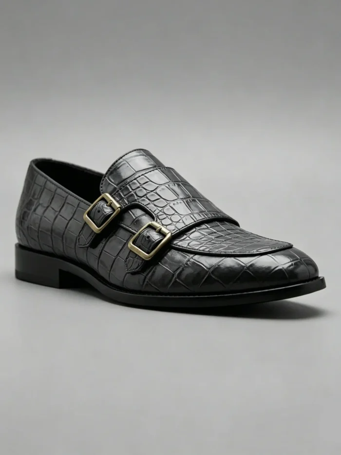 Men's Crocodile Embossed Double Monk Strap Loafer Dress Shoes - Image 9