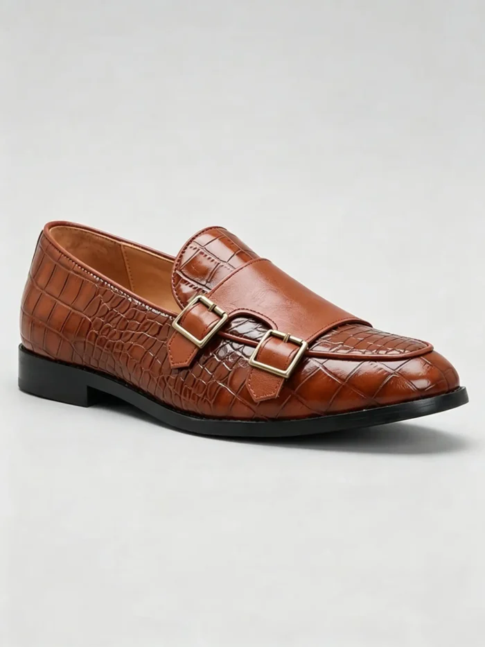 Men's Crocodile Embossed Double Monk Strap Loafer Dress Shoes - Image 4