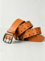 Minimalist Full-hole Brushed Full Grain Leather Double Pin Rounded Square Buckle Men Vintage Belt