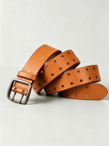 Minimalist Full-hole Brushed Full Grain Leather Double Pin Rounded Square Buckle Men Vintage Belt
