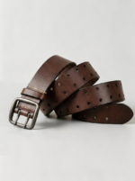 Minimalist Full-hole Brushed Full Grain Leather Double Pin Rounded Square Buckle Men Vintage Belt - Image 2