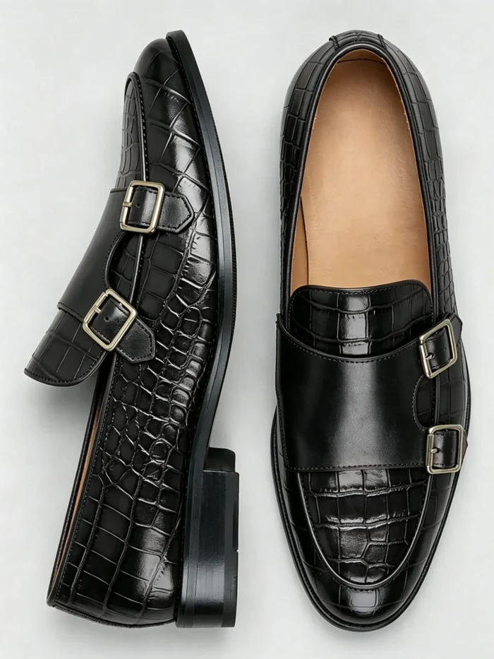 Men's Crocodile Embossed Double Monk Strap Loafer Dress Shoes - Image 16