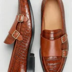 Men's Crocodile Embossed Double Monk Strap Loafer Dress Shoes