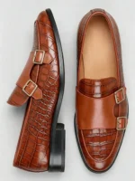 Men's Crocodile Embossed Double Monk Strap Loafer Dress Shoes