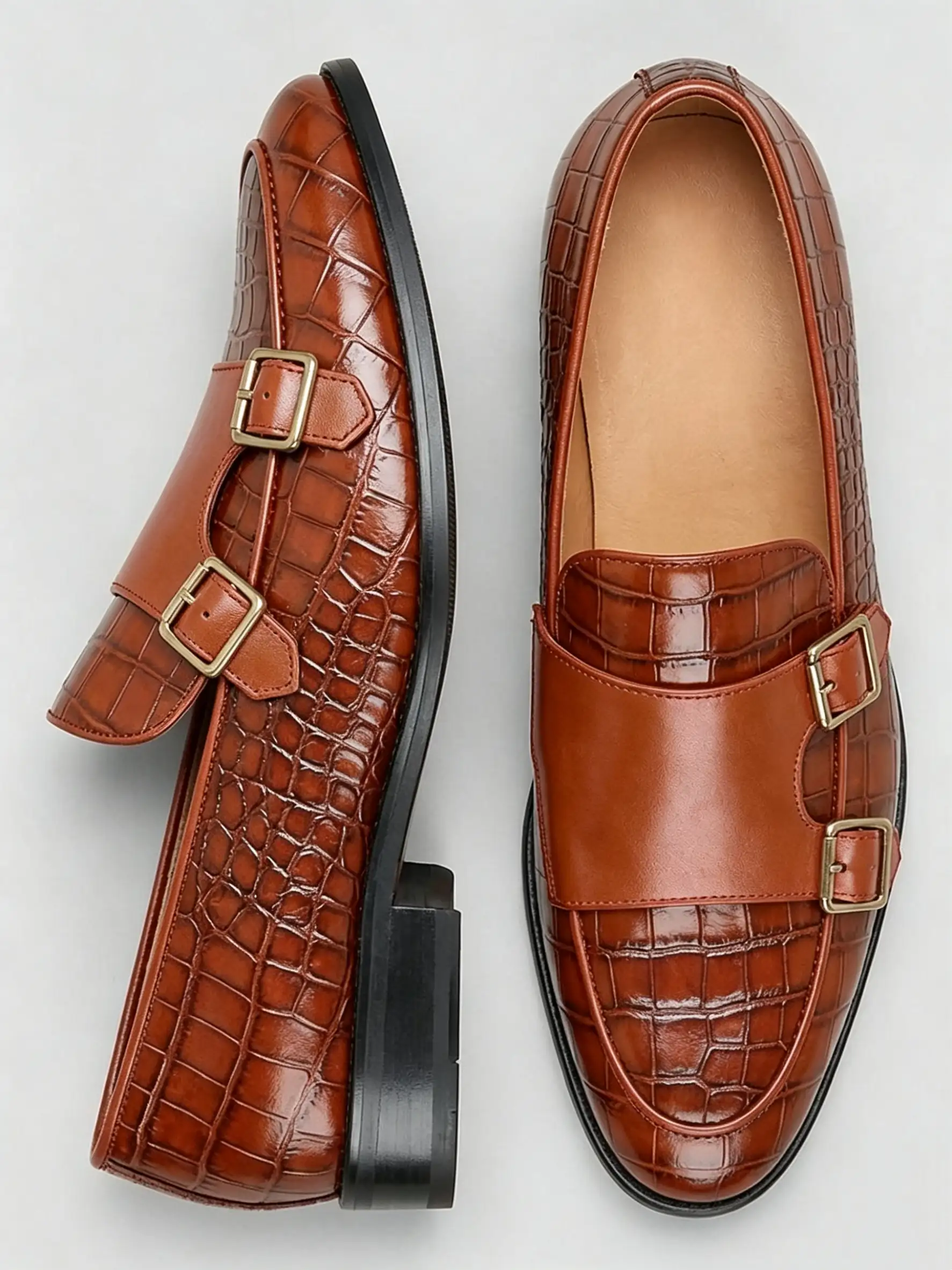 展示 Men's Crocodile Embossed Double Monk Strap Loafer Dress Shoes - Image 1