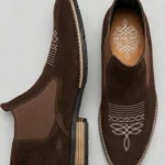 Men's Suede Embroidered Chelsea Boots Stacked Heel Casual Dress Ankle Boots