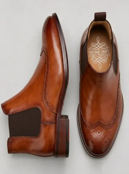 Men's Brogue Leather Chelsea Boots Wingtip Slip-On Dress Ankle Boots