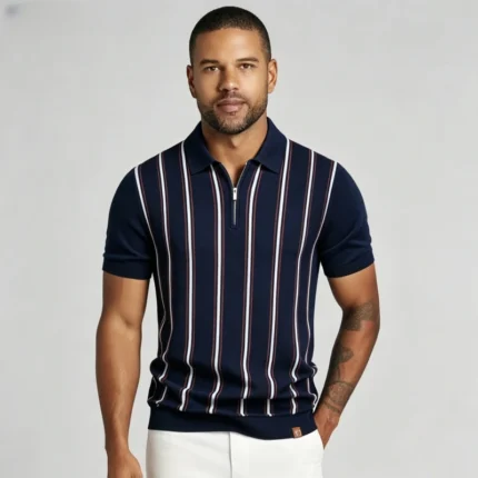 Modern Fit Striped Zip Knit Polo