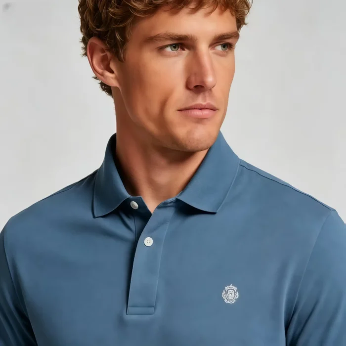 Delicate Crest Embroidery Lapel Polo, Slim Fit Casual Short Sleeve Top for Men - Image 3