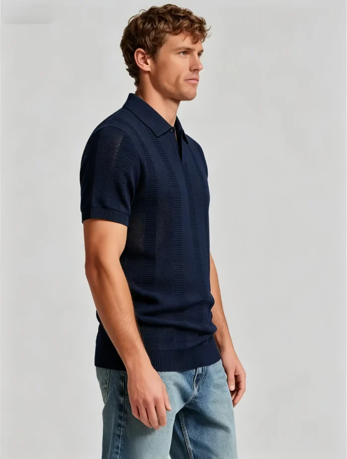Vertical Stripe V Notch Knit Lapel Polo, Slim Fit Breathable Casual Short Sleeve Top for Men - Image 3