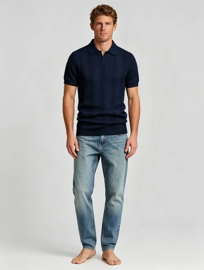 Vertical Stripe V Notch Knit Lapel Polo, Slim Fit Breathable Casual Short Sleeve Top for Men - Image 2