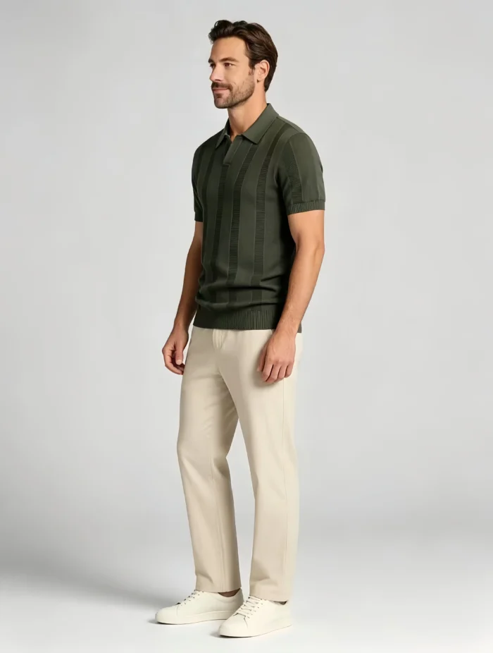 Vertical Stripe V Notch Knit Lapel Polo, Slim Fit Breathable Casual Short Sleeve Top for Men - Image 8