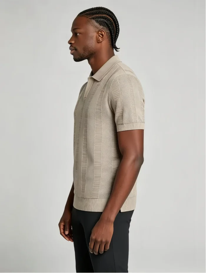 Vertical Stripe V Notch Knit Lapel Polo, Slim Fit Breathable Casual Short Sleeve Top for Men - Image 12