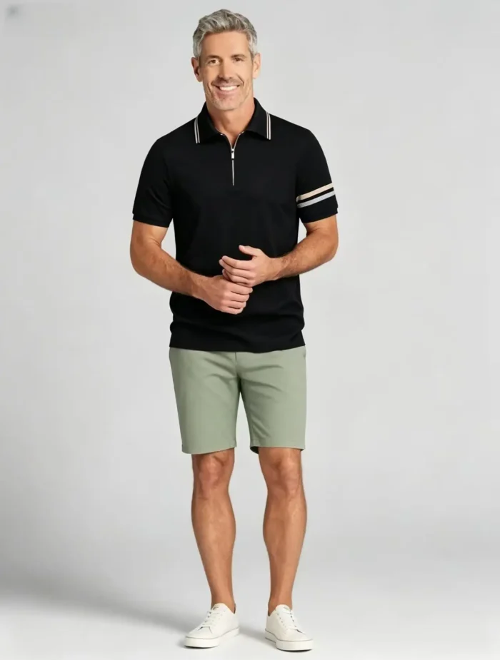 Striped Trim Zip Lapel Polo, Slim Fit Casual Short Sleeve Top for Men - Image 13