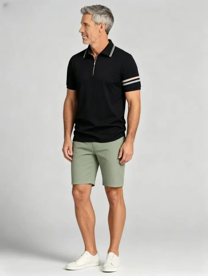 Striped Trim Zip Lapel Polo, Slim Fit Casual Short Sleeve Top for Men - Image 11