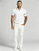 Striped Trim Zip Lapel Polo, Slim Fit Casual Short Sleeve Top for Men - Image 9