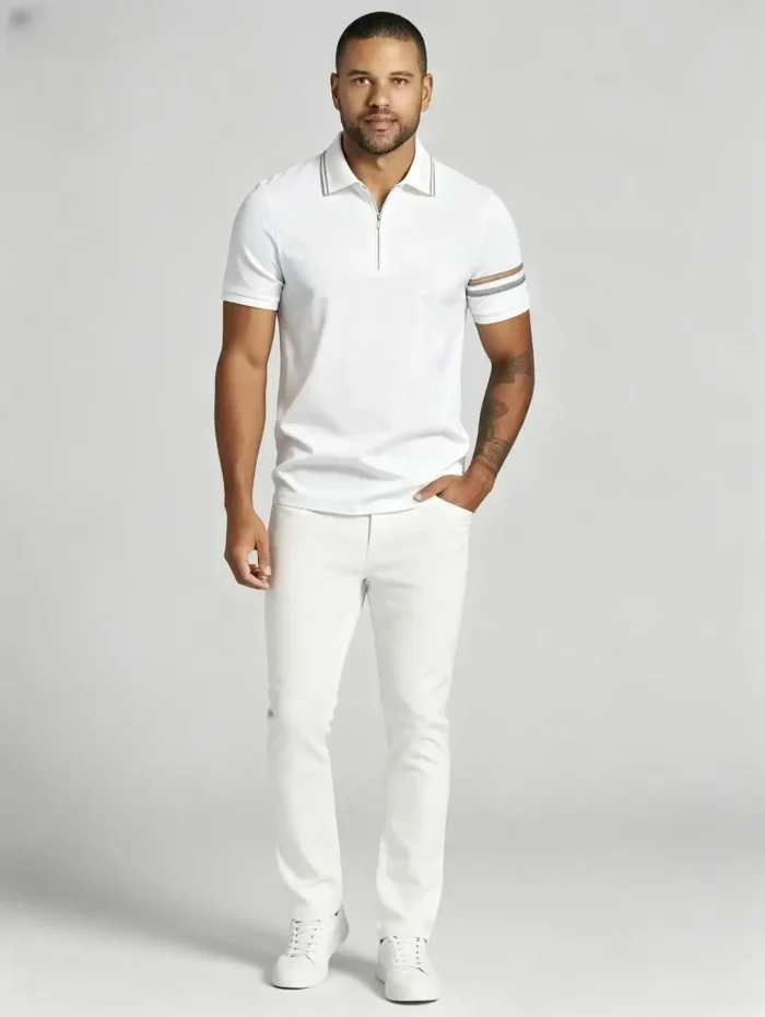 Striped Trim Zip Lapel Polo, Slim Fit Casual Short Sleeve Top for Men - Image 9