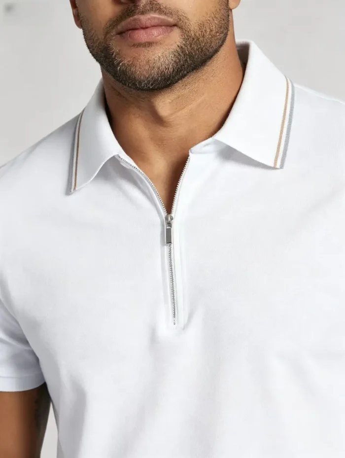 Striped Trim Zip Lapel Polo, Slim Fit Casual Short Sleeve Top for Men - Image 8