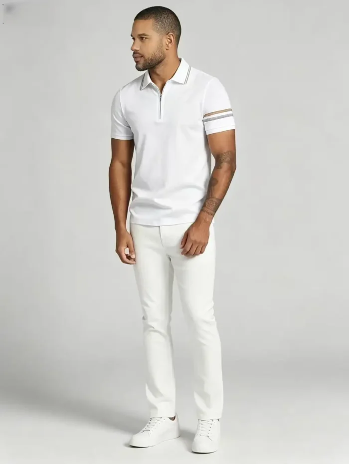 Striped Trim Zip Lapel Polo, Slim Fit Casual Short Sleeve Top for Men - Image 7