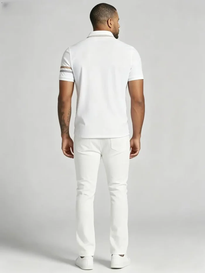Striped Trim Zip Lapel Polo, Slim Fit Casual Short Sleeve Top for Men - Image 6