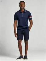 Striped Trim Zip Lapel Polo, Slim Fit Casual Short Sleeve Top for Men - Image 5