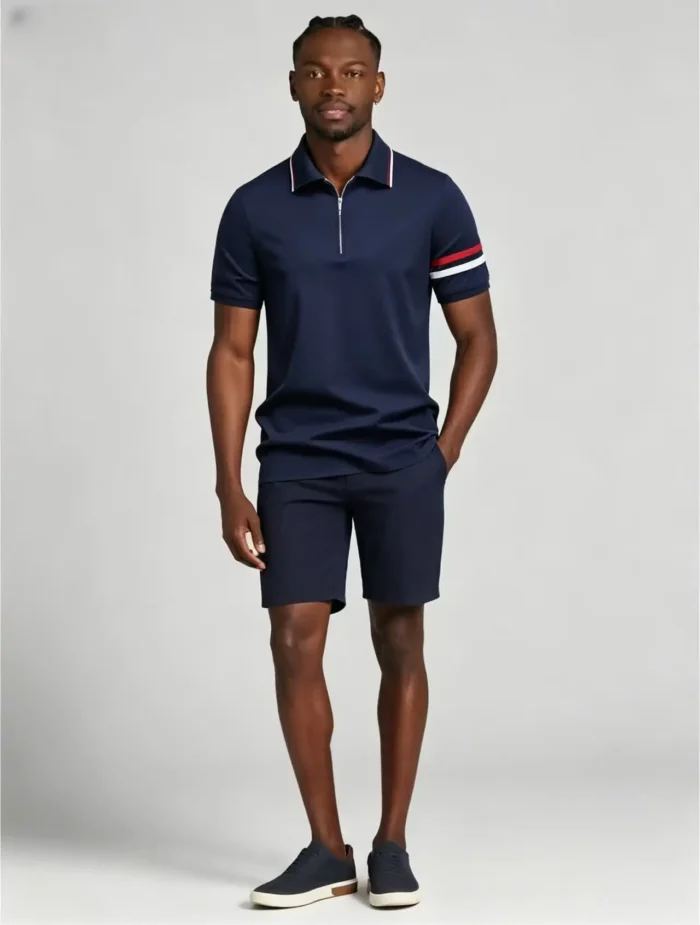 Striped Trim Zip Lapel Polo, Slim Fit Casual Short Sleeve Top for Men - Image 5
