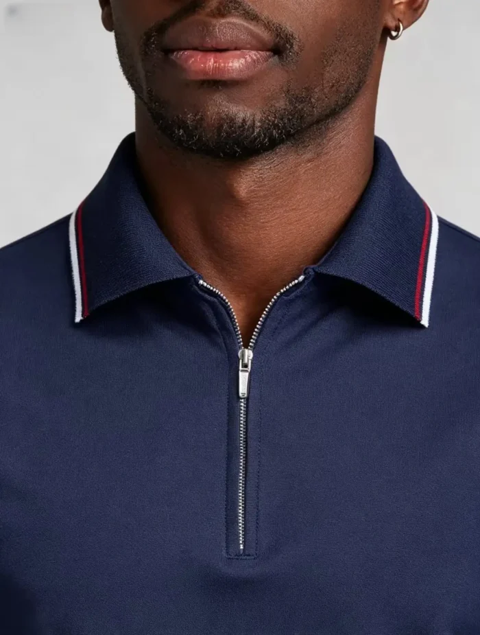 Striped Trim Zip Lapel Polo, Slim Fit Casual Short Sleeve Top for Men - Image 4