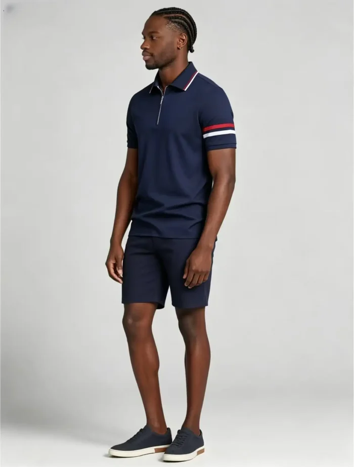 Striped Trim Zip Lapel Polo, Slim Fit Casual Short Sleeve Top for Men - Image 3
