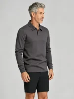 Collar Embroidery Long Sleeve Lapel Polo, Slim Fit Casual Long Sleeve Top for Men