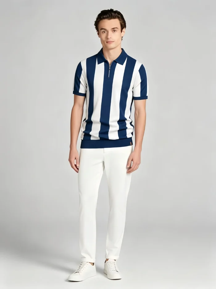 Men's Bold Vertical Stripe Half Zip Short Sleeve Knit Polo Retro Summer Casual Top - Image 13