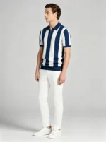 Men's Bold Vertical Stripe Half Zip Short Sleeve Knit Polo Retro Summer Casual Top - Image 11
