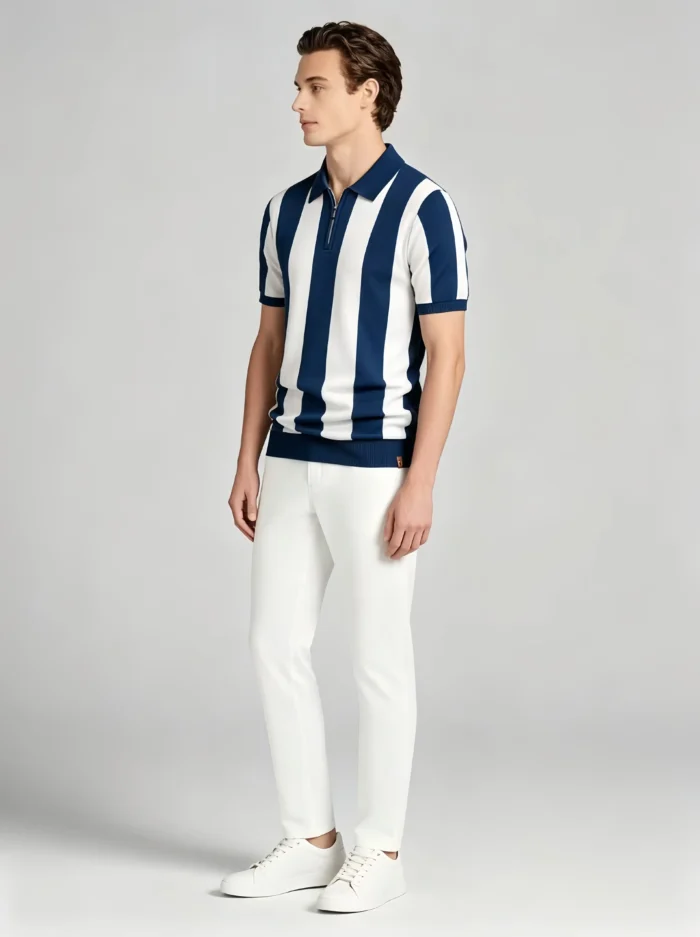 Men's Bold Vertical Stripe Half Zip Short Sleeve Knit Polo Retro Summer Casual Top - Image 11