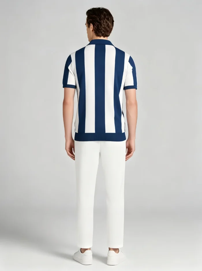 Men's Bold Vertical Stripe Half Zip Short Sleeve Knit Polo Retro Summer Casual Top - Image 10