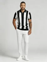 Men's Bold Vertical Stripe Half Zip Short Sleeve Knit Polo Retro Summer Casual Top - Image 9