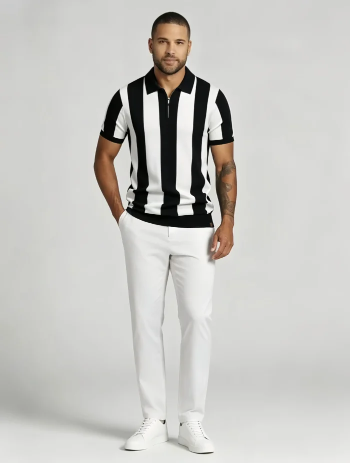 Men's Bold Vertical Stripe Half Zip Short Sleeve Knit Polo Retro Summer Casual Top - Image 9