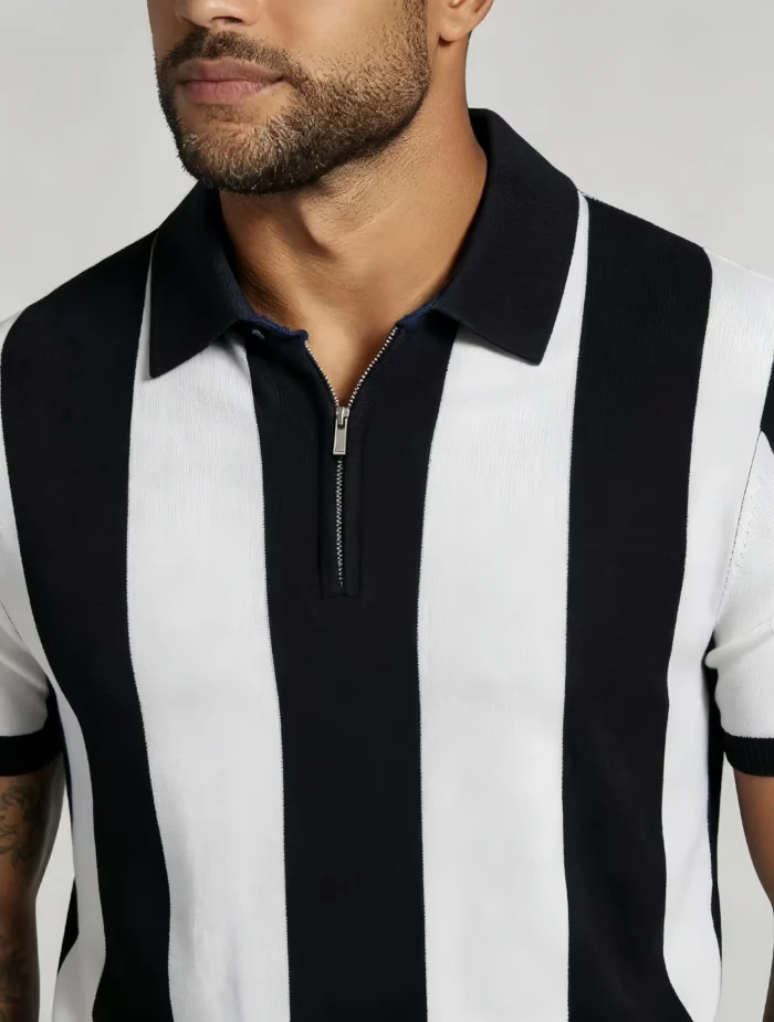 Men's Bold Vertical Stripe Half Zip Short Sleeve Knit Polo Retro Summer Casual Top - Image 8