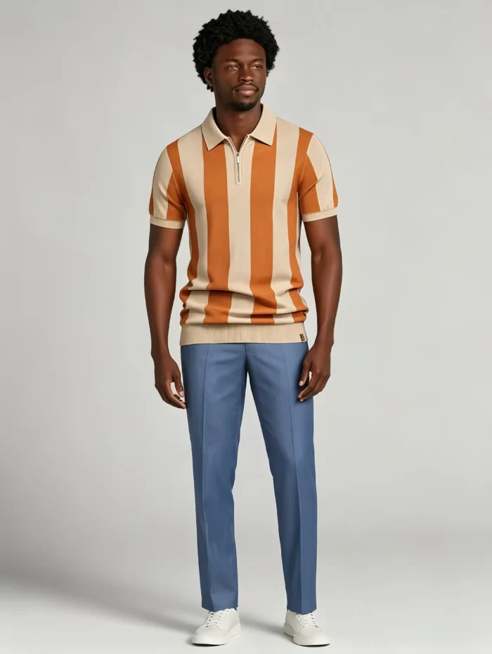 Men's Bold Vertical Stripe Half Zip Short Sleeve Knit Polo Retro Summer Casual Top - Image 5