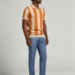 Men's Bold Vertical Stripe Half Zip Short Sleeve Knit Polo Retro Summer Casual Top